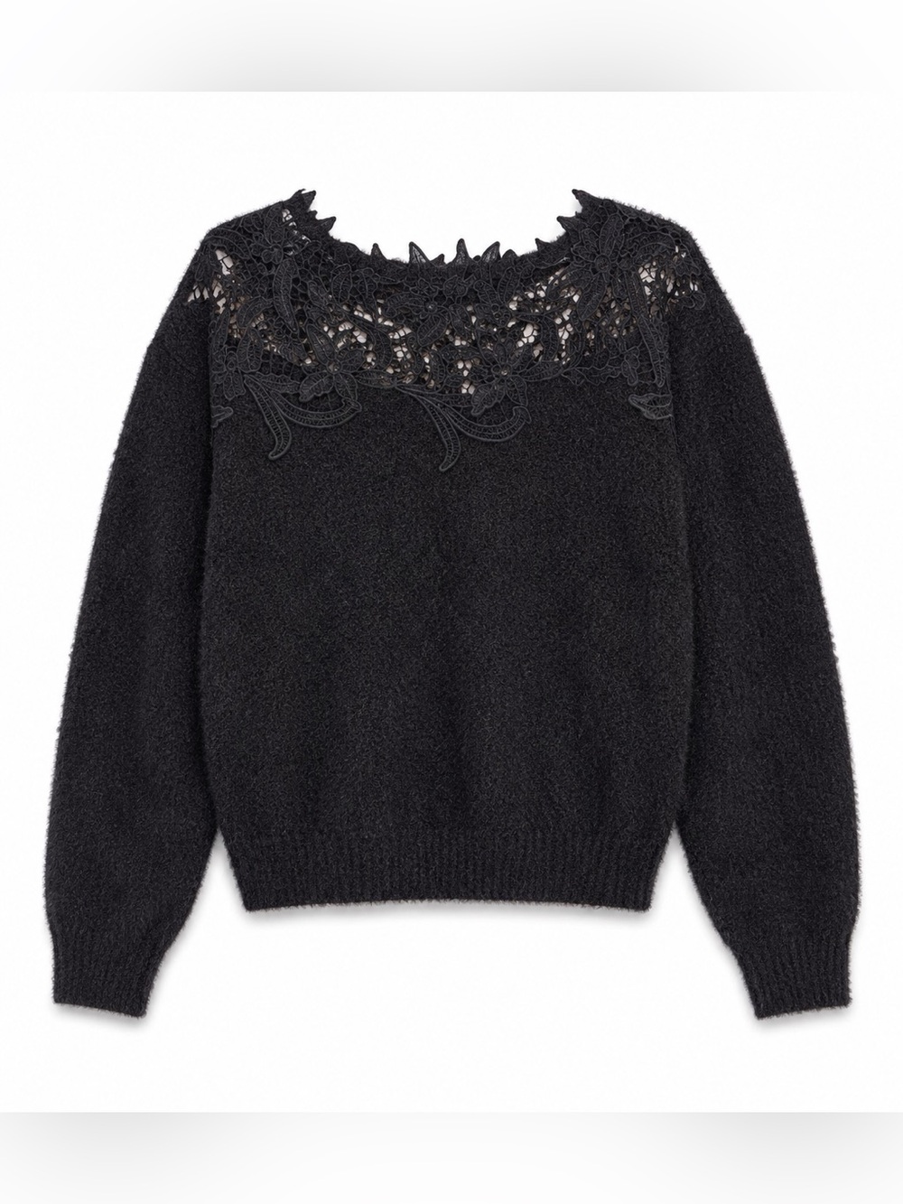 Women’s Black Lace Sweater Size 6 Floral Crochet Neck Fuzzy Knit Long Sleeve Top